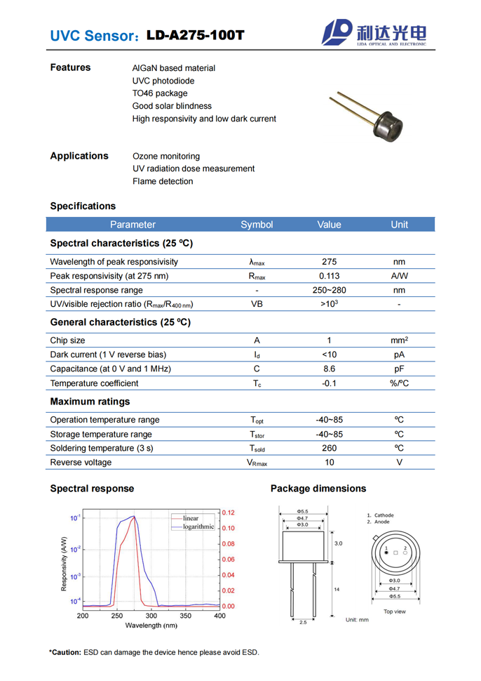 AlGaN日盲系列紫外探測(cè)器 LD-A275-100T